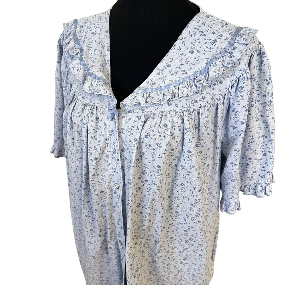 Simply Basic Blue Floral Housedress 2X Vintage Full Button Mumu Knee Length